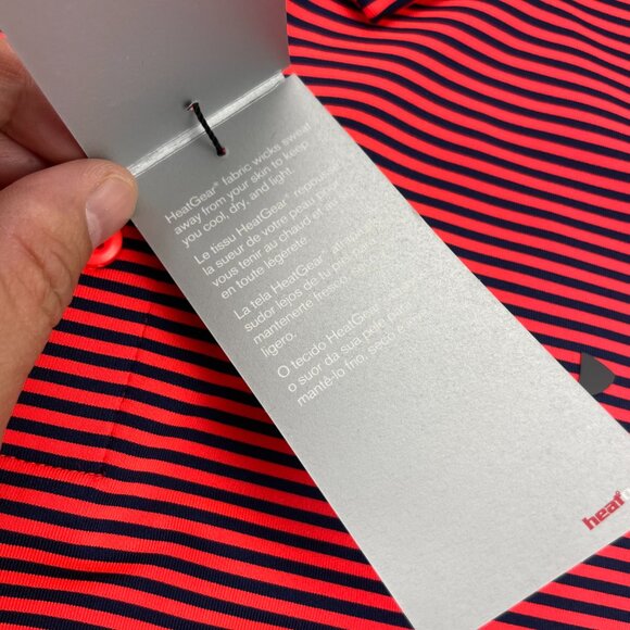 New Under ARMOUR Golf Shirt Men 2XL Neon Orange Navy Blue Stripes Heat Gear NWT - Picture 7 of 15